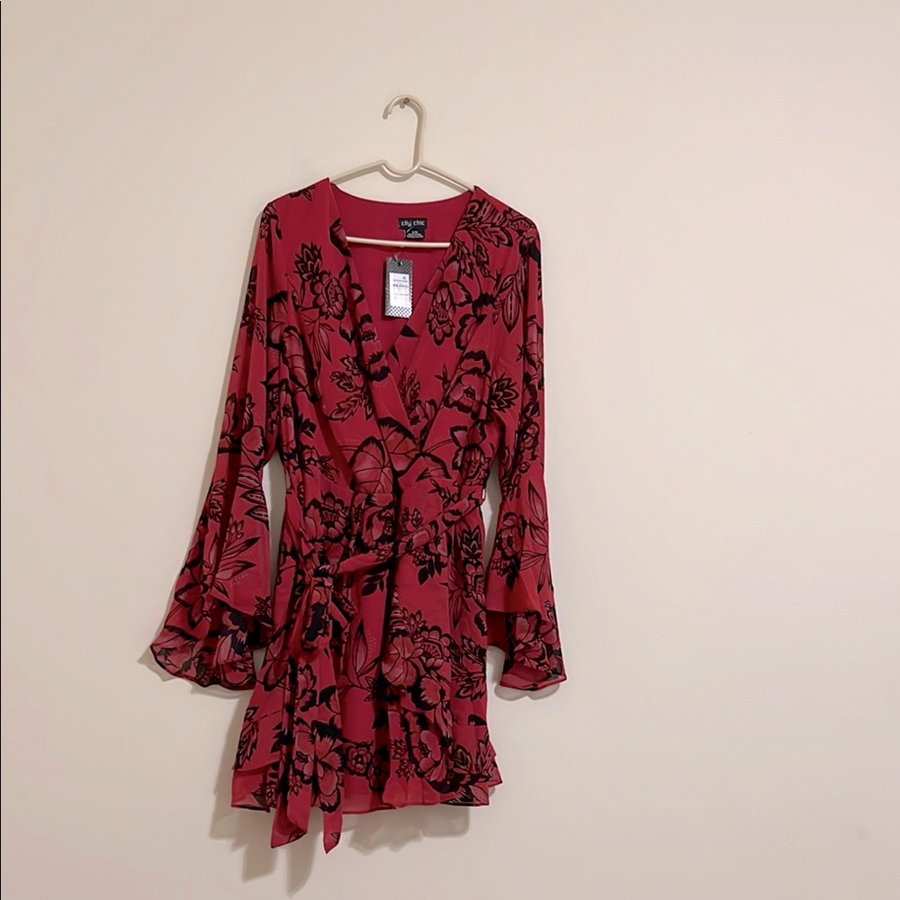 NEW City Chic cherry bloom Red Floral Wrap mini Dress size S/16 - Picture 3 of 8
